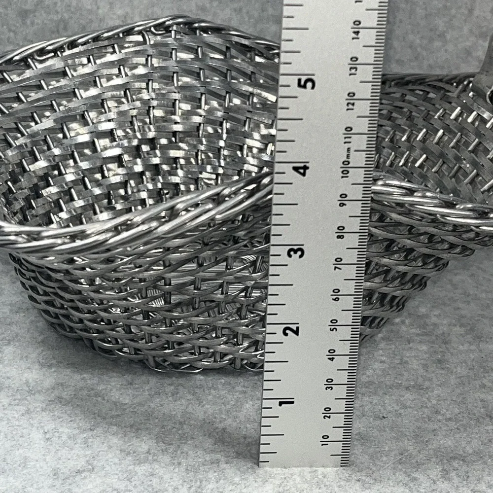 VTG‎ Silver Tone Metal Woven Wire Basket With Fold Down Handle Decor Centerpiece